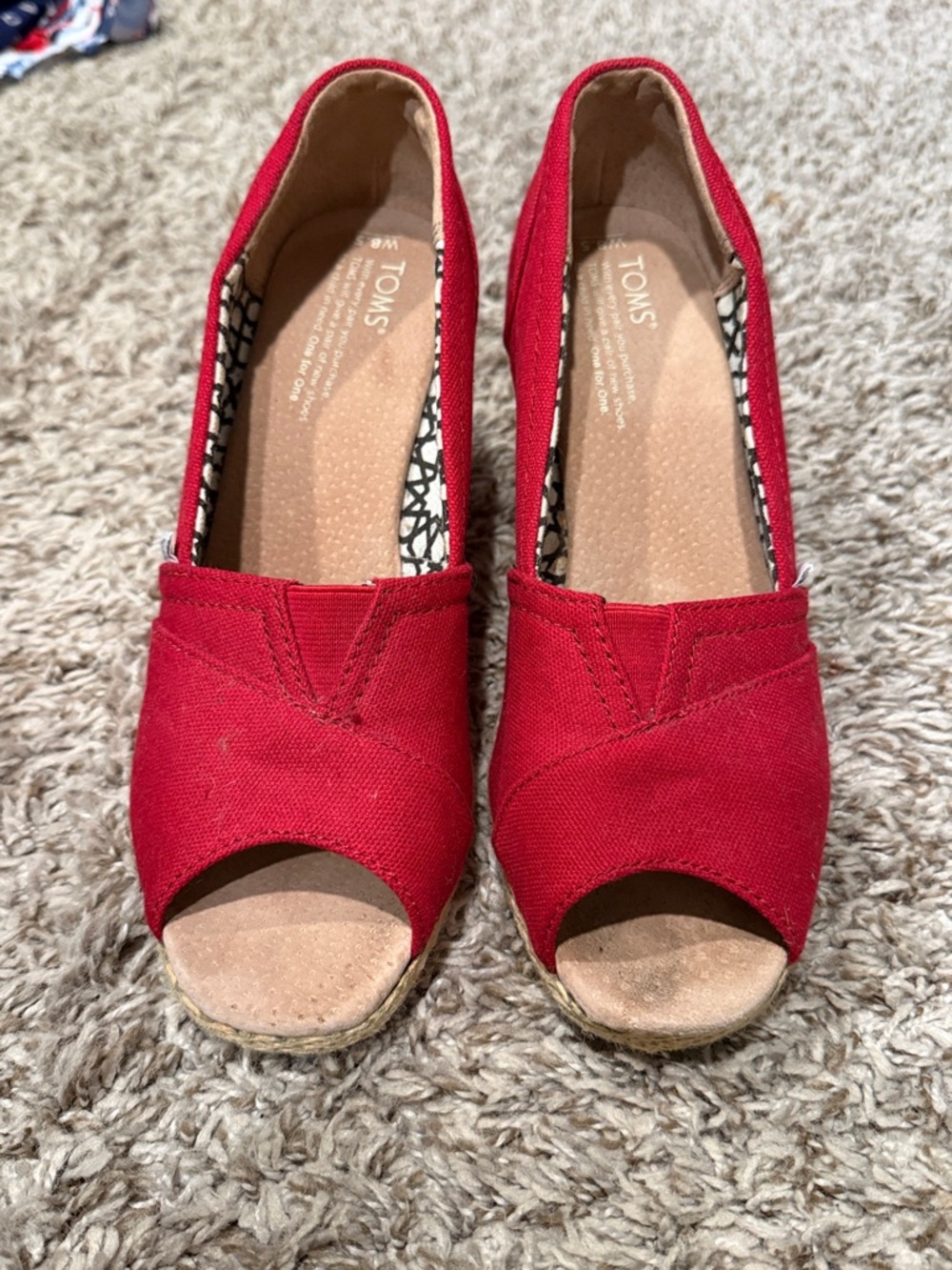Toms Red Canvas Peep-Toe Espadrille Wedges